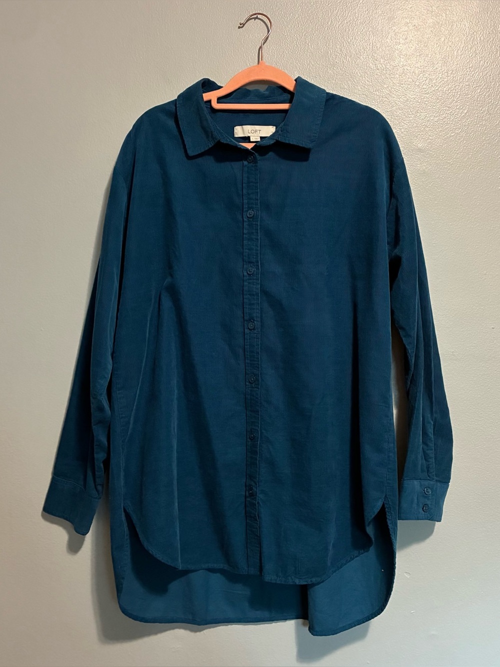 LOFT Women’s Teal Button Down Shirt Hi-Low Collared Blouse Sz Large 100% Cotton
